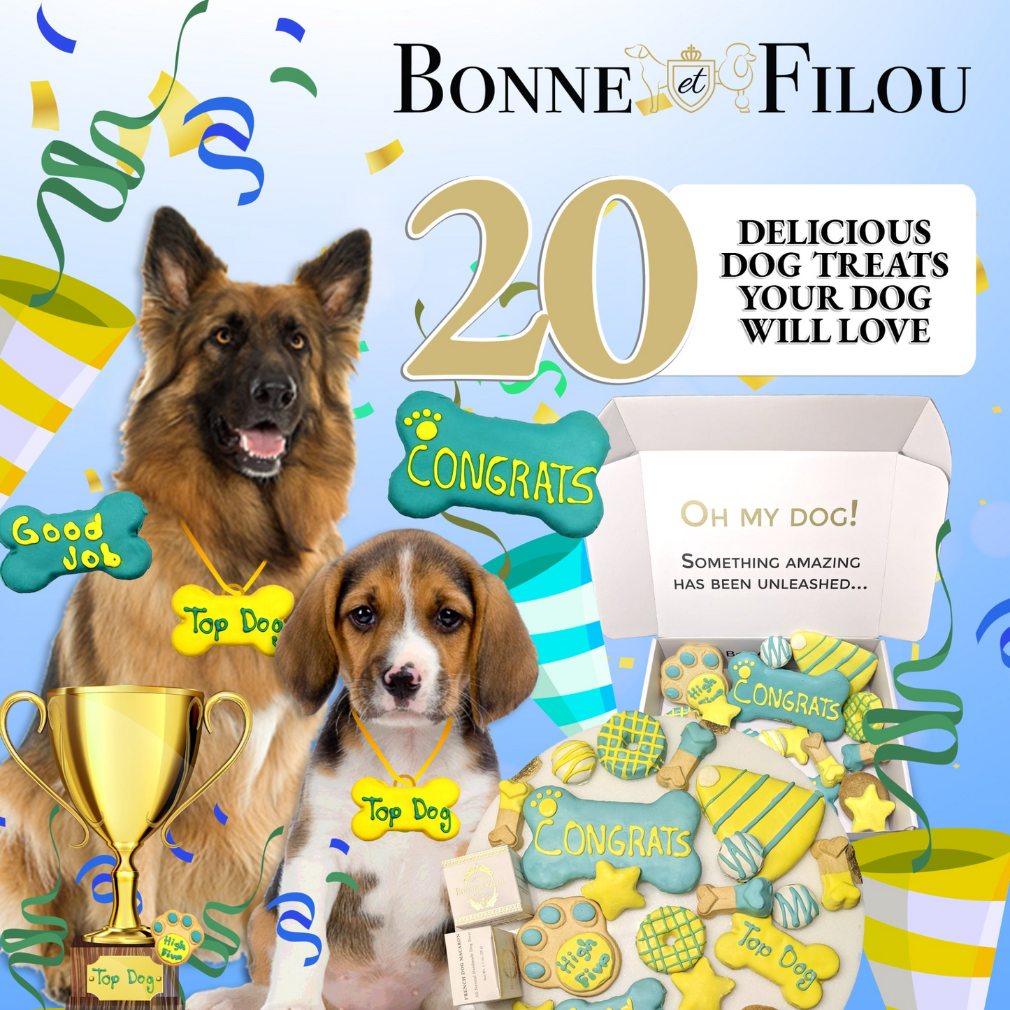 Caja de regalo de golosinas para perros temáticas Felicitaciones de Bonne et Filou