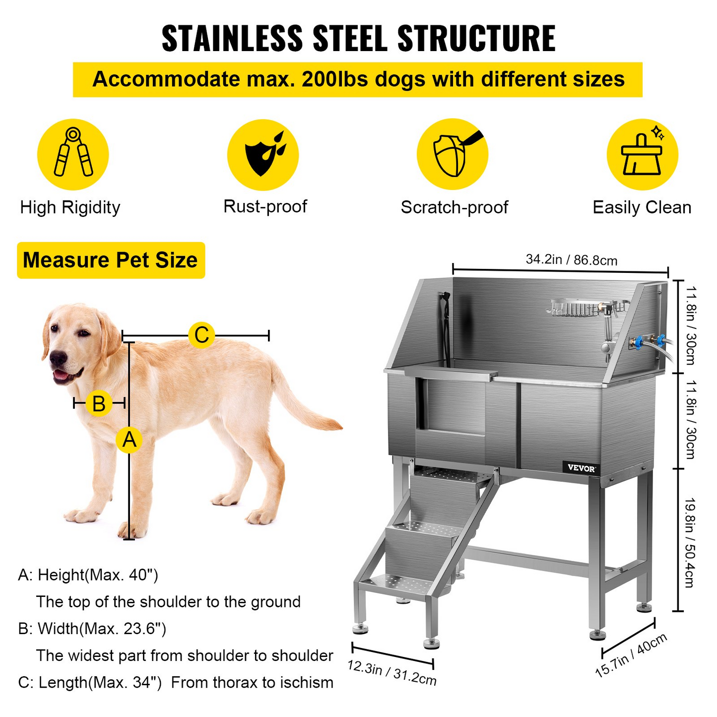 VEVOR 34" Stainless Steel Dog Grooming Tub with Left Ladder & Door