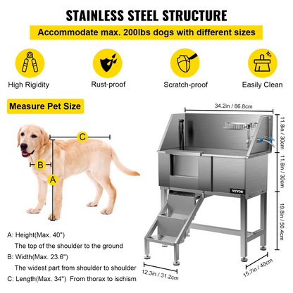 VEVOR 34" Stainless Steel Dog Grooming Tub with Left Ladder & Door