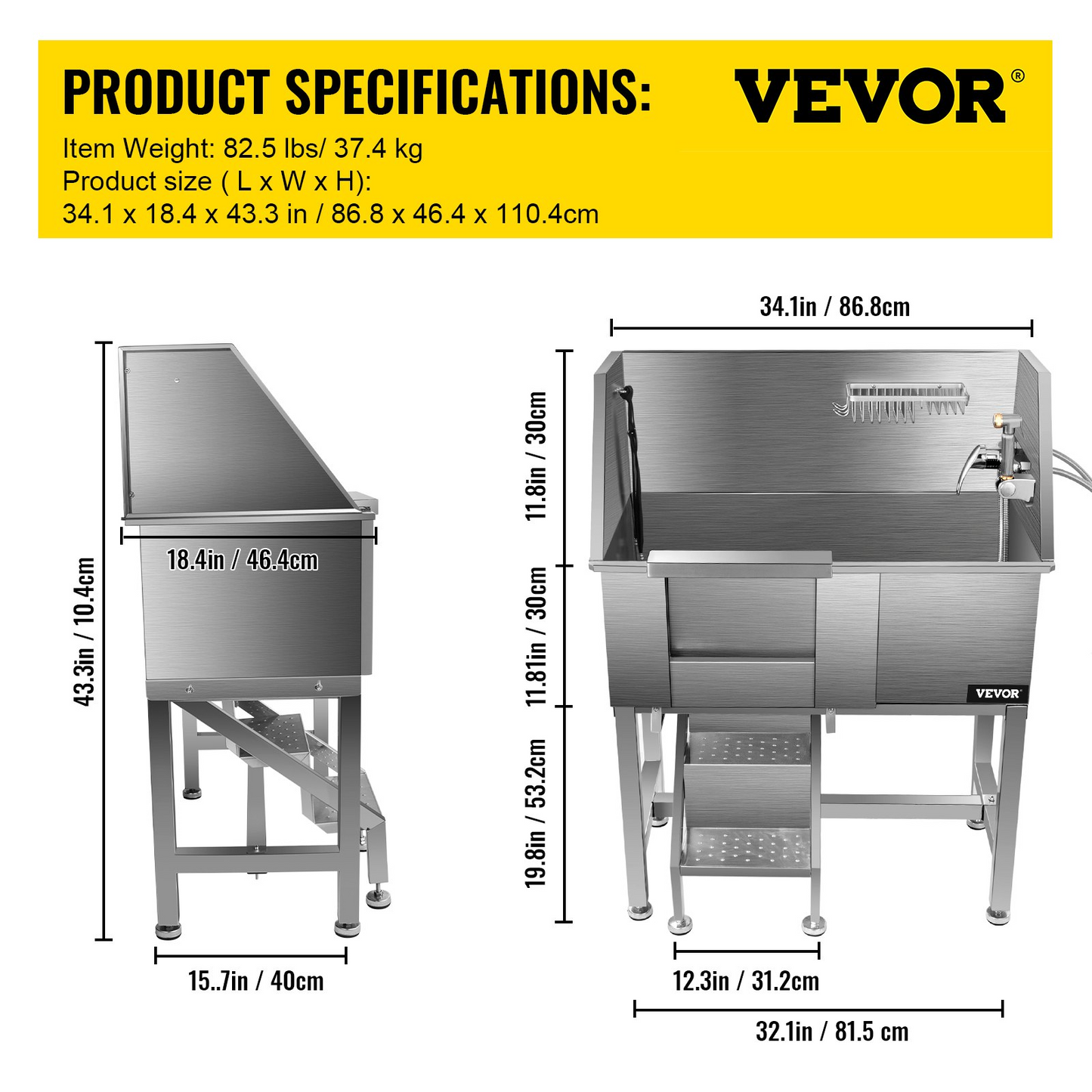 VEVOR 34" Stainless Steel Dog Grooming Tub with Left Ladder & Door