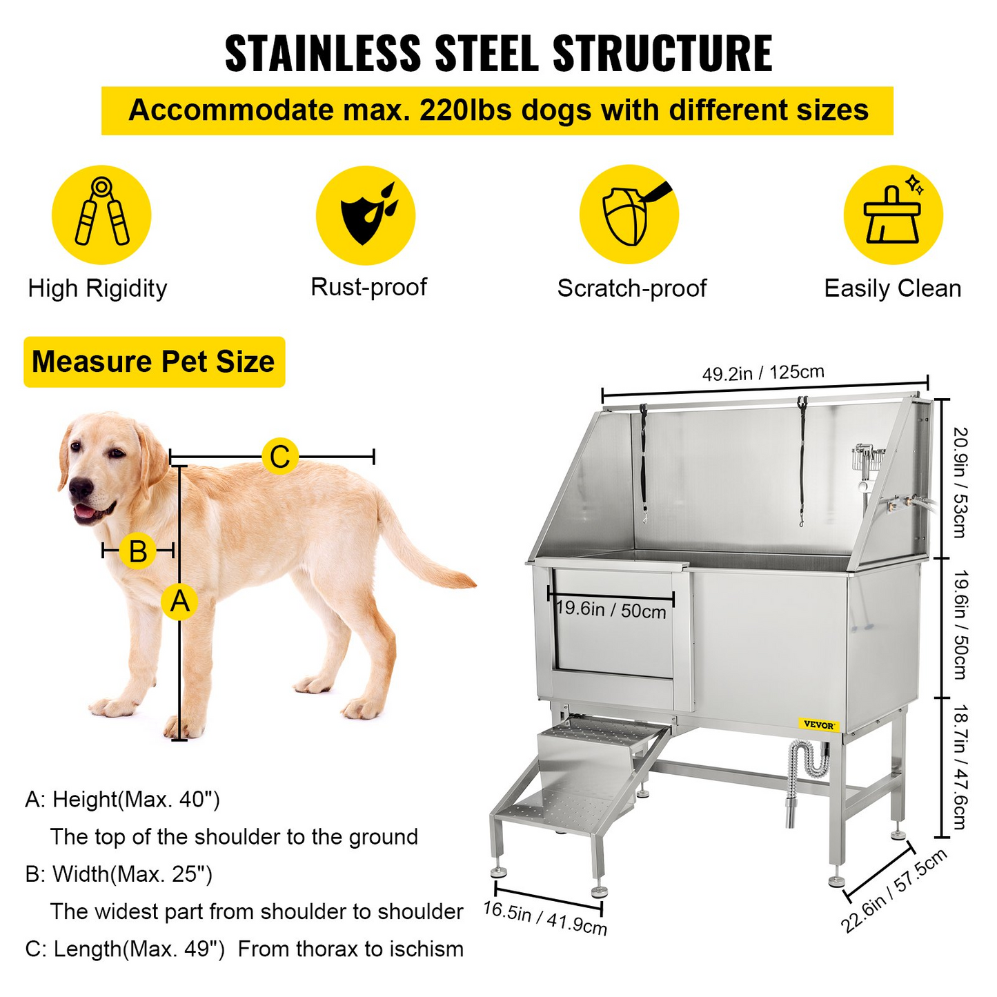 VEVOR 50" Stainless Steel Dog Grooming Tub with Steps & Accessories