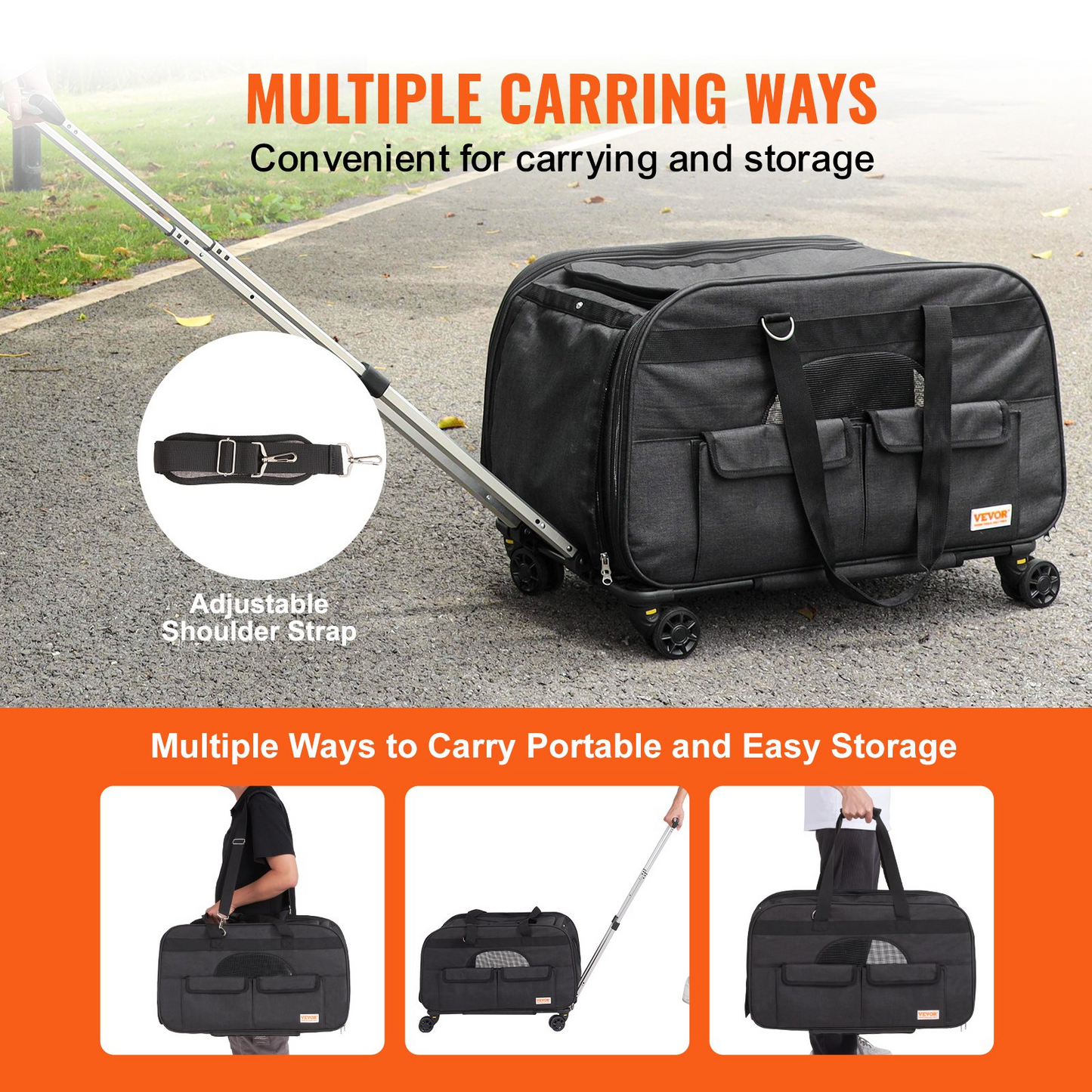 VEVOR Rolling Dog Carrier, Telescopic Handle, for Pets under 35 lbs, Includes Bowl, Black