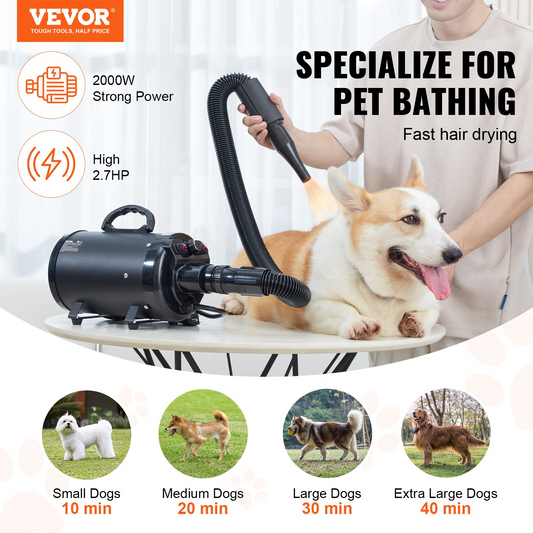 VEVOR 2000W Dog Dryer, 2.7HP, Adjustable Speed/Temperature, Black