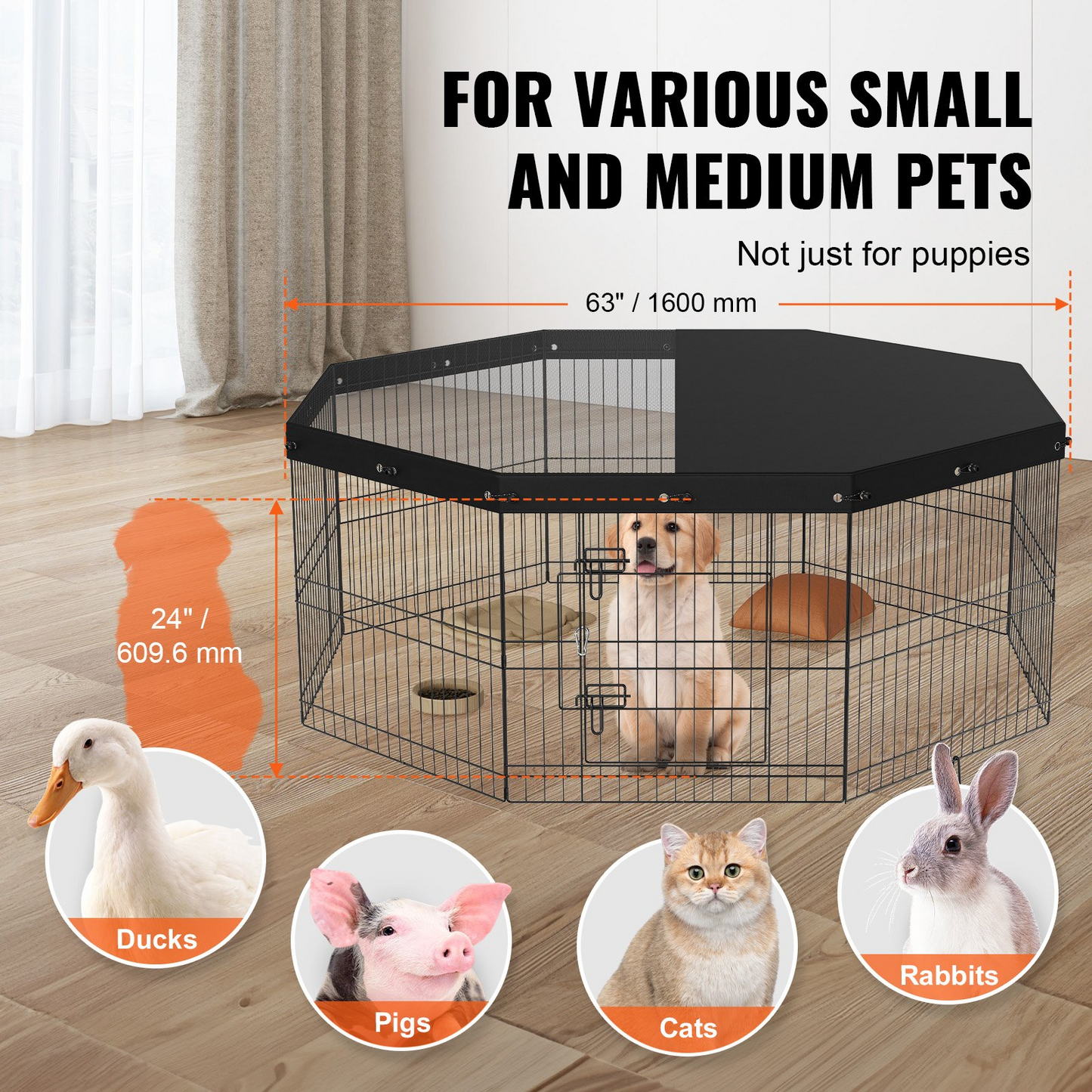 VEVOR 24" Dog Playpen, 8-Panel, Metal with Cover & Stakes, Indoor/Outdoor