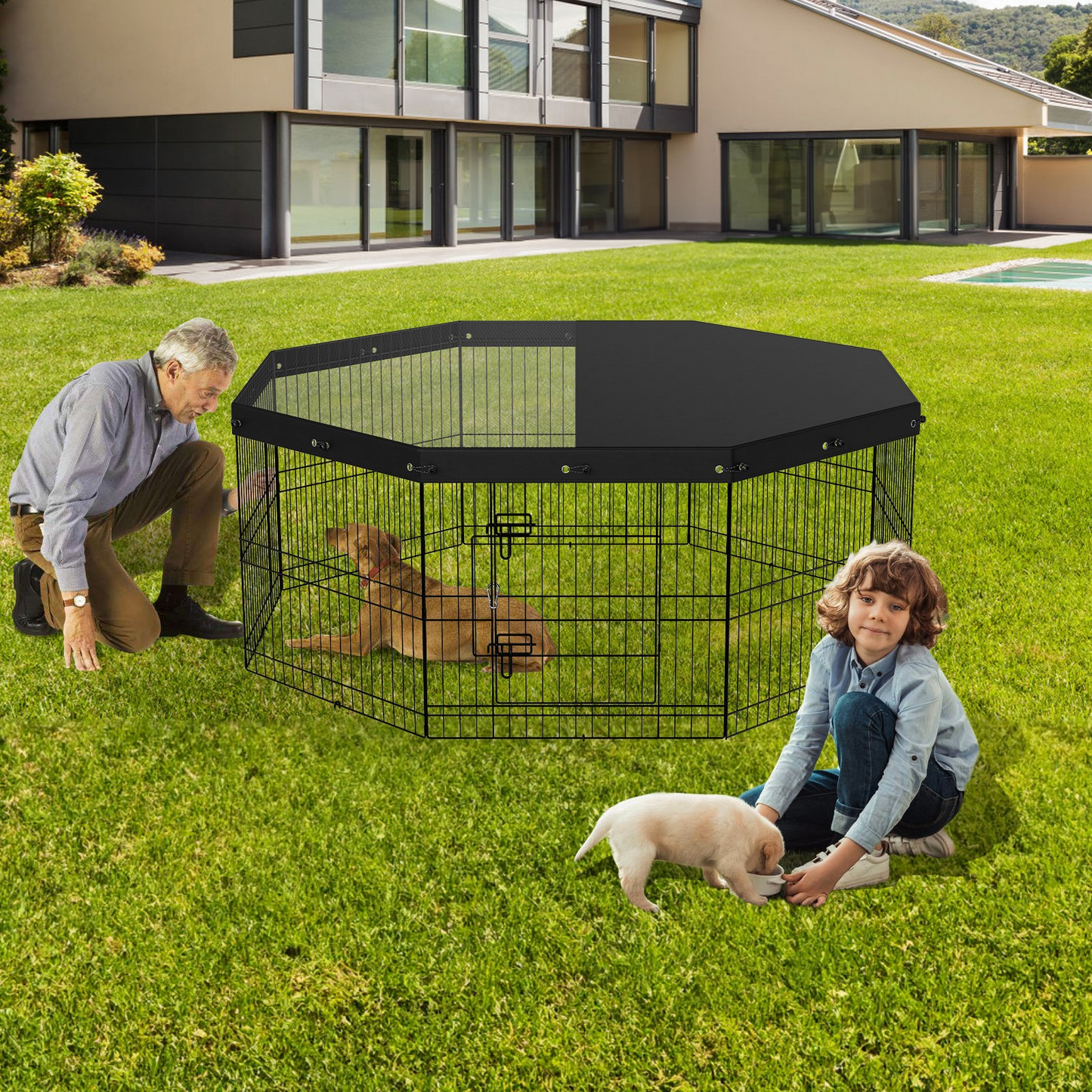 VEVOR 24" Dog Playpen, 8-Panel, Metal with Cover & Stakes, Indoor/Outdoor