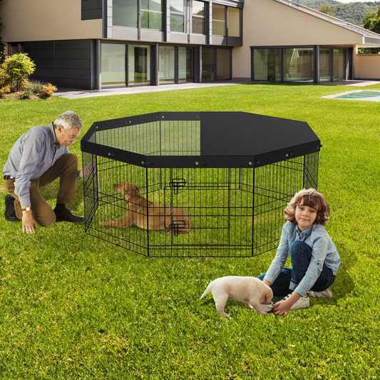 Metal Dog Playpen with Cover & Stakes – Indoor/Outdoor - 24" 8-Panel | VEVOR
