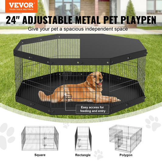 VEVOR 24" Dog Playpen, 8-Panel Metal with Cover & Pad, Indoor/Outdoor