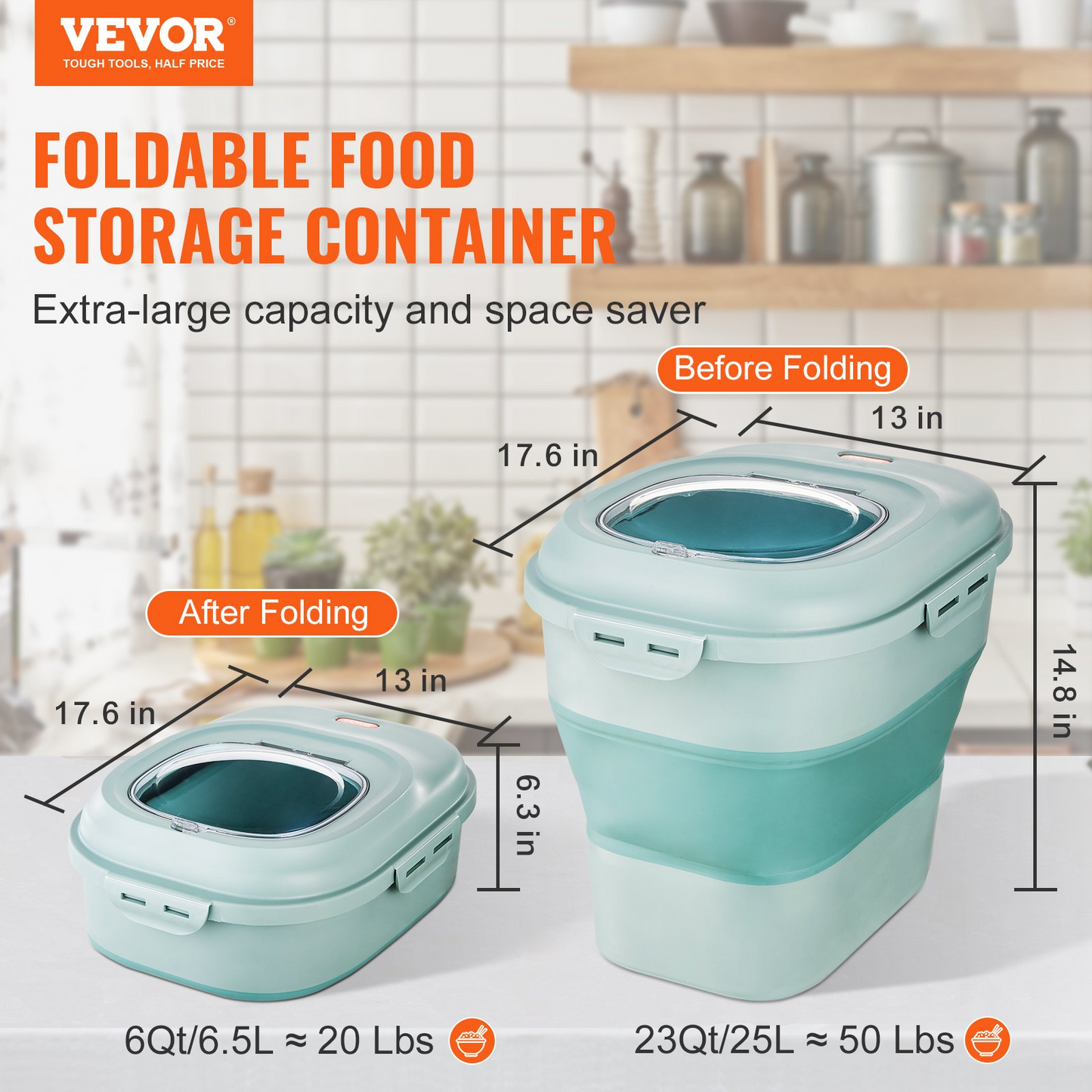 VEVOR Collapsible Dog Food Storage Container, 50 lbs Capacity, Airtight with Casters