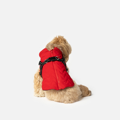 Quilted Dog Jacket With Built-In Harness - Red | All-Weather, Adjustable, Easy On and Off