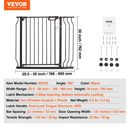 VEVOR 30" High Pet Gate, 29.5"-39" Wide, Auto Close, Black