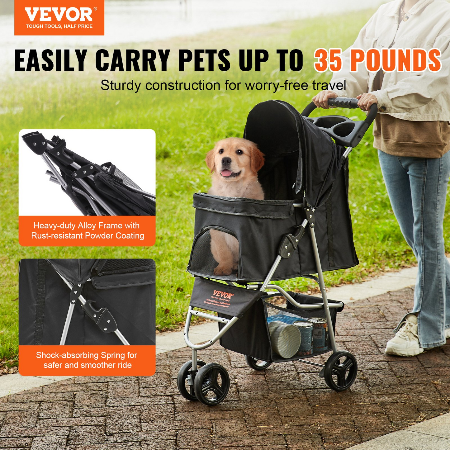 VEVOR 3-Wheel Pet Stroller, 35 lbs, Front Pedal & Velcro, Storage & Cup Holder, Black