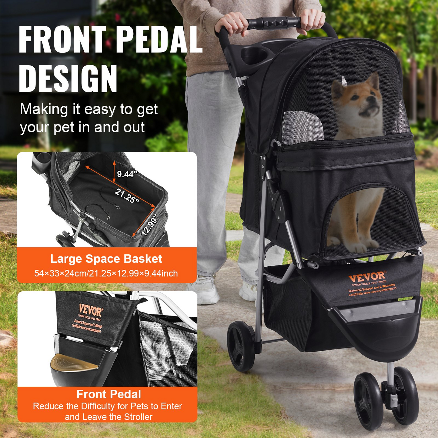 VEVOR 3-Wheel Pet Stroller, 35 lbs, Front Pedal & Velcro, Storage & Cup Holder, Black