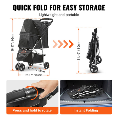 VEVOR 3-Wheel Pet Stroller, 35 lbs, Front Pedal & Velcro, Storage & Cup Holder, Black