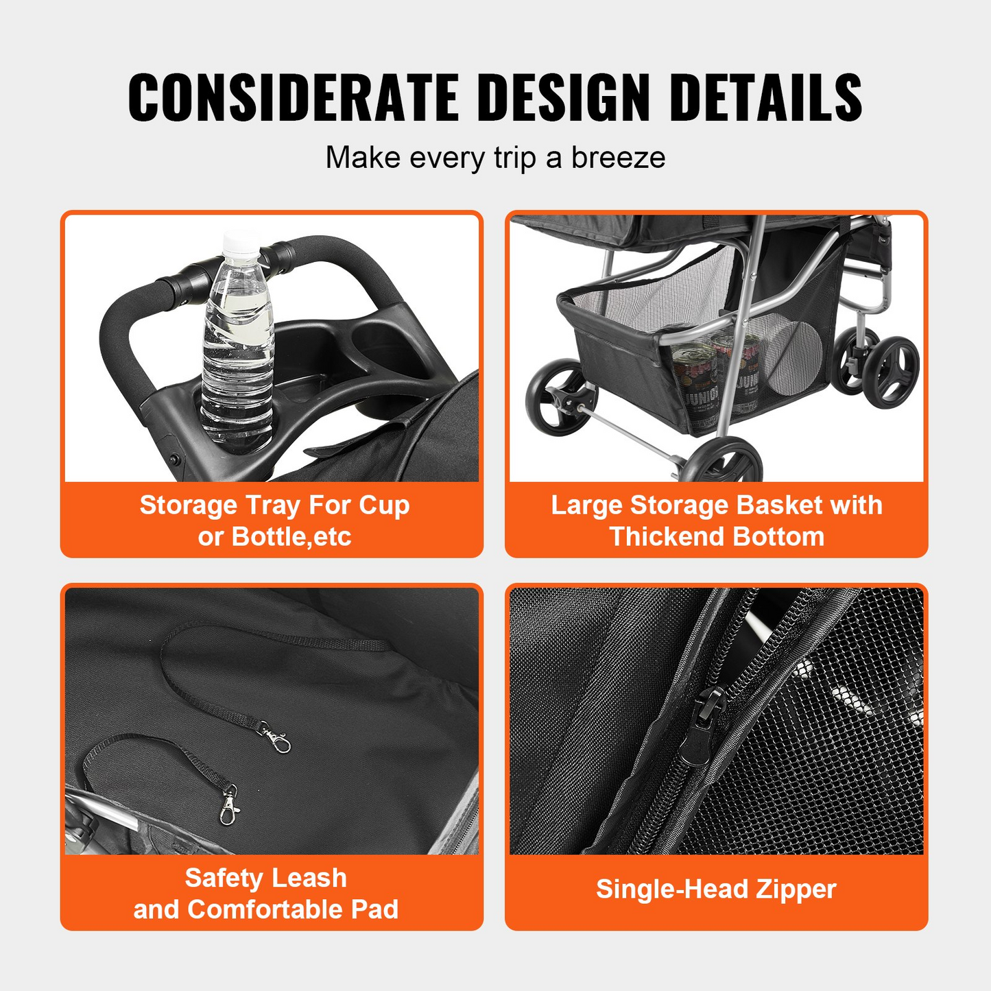 VEVOR 3-Wheel Pet Stroller, 35 lbs, Front Pedal & Velcro, Storage & Cup Holder, Black