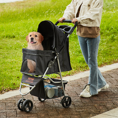 VEVOR 3-Wheel Pet Stroller, 35 lbs, Front Pedal & Velcro, Storage & Cup Holder, Black