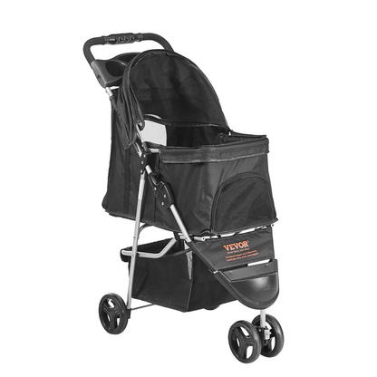 VEVOR 3-Wheel Pet Stroller, 35 lbs, Front Pedal & Velcro, Storage & Cup Holder, Black