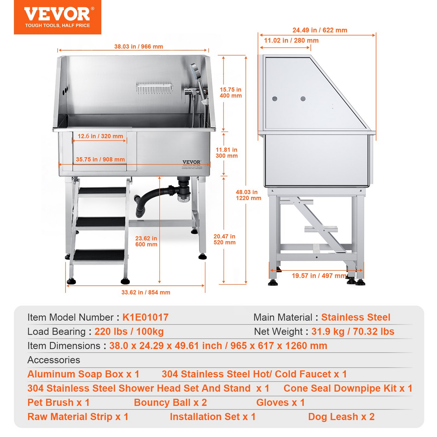 VEVOR 38" Dog Bathing Station, Stainless Tub with Ramp & Storage, Left