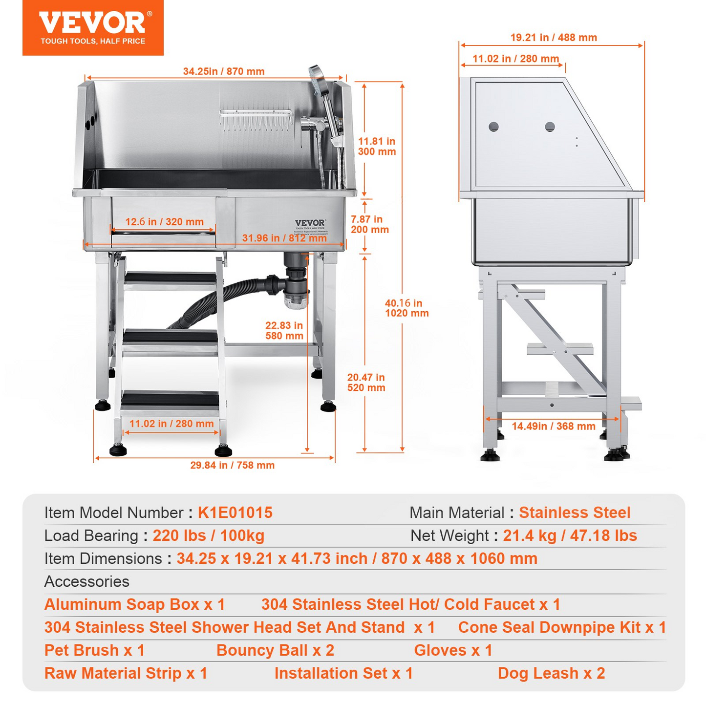 VEVOR 34" Dog Bathing Station, Stainless Tub with Ramp & Drawer, Left