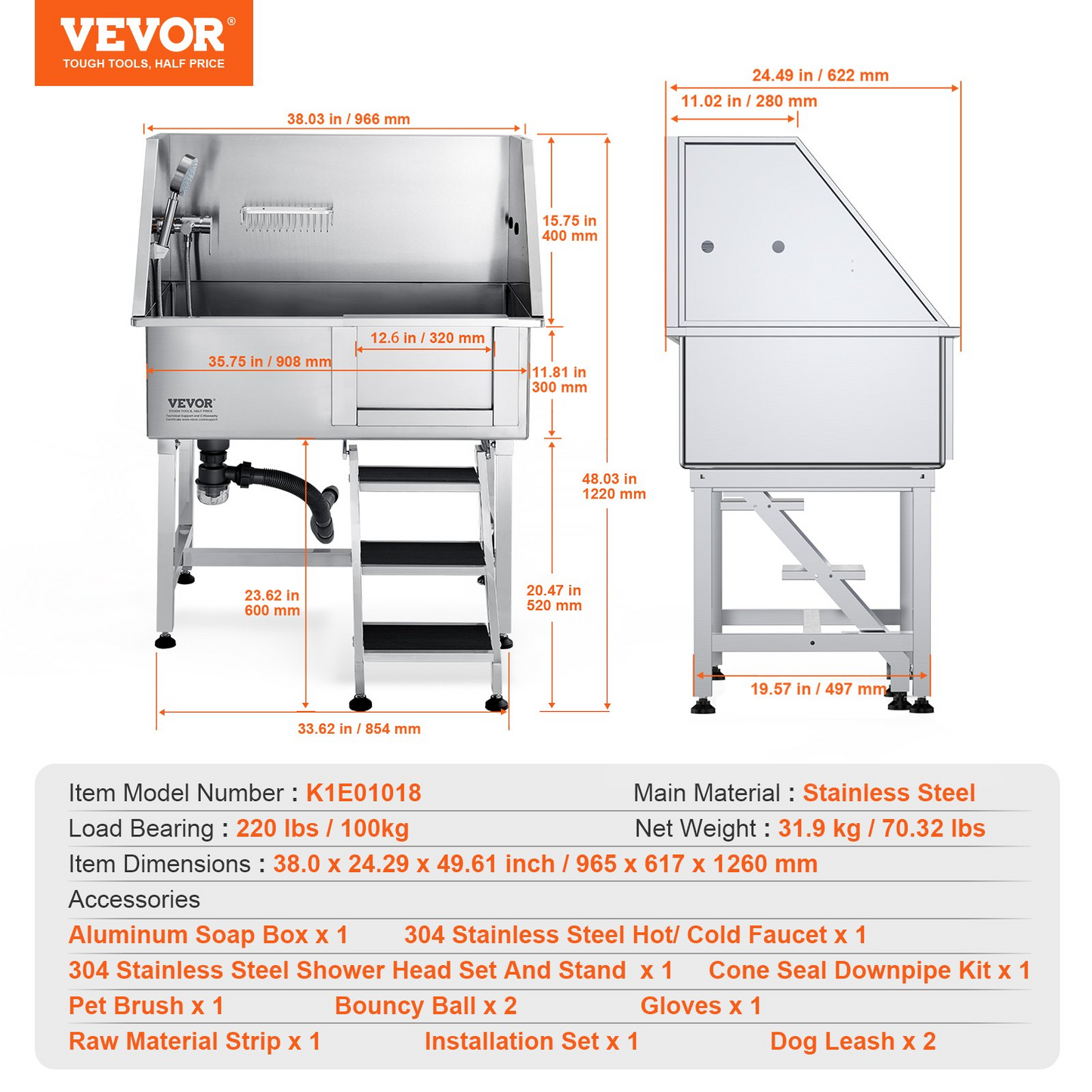 VEVOR 38" Dog Bathing Station, Stainless Steel Tub with Ramp & Drawer, Right