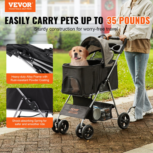 VEVOR 4-Wheel Pet Stroller, 35 lbs, Detachable Carrier, Cup Holder, Black/Dark Grey