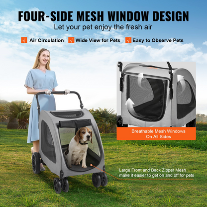 VEVOR 4-Wheel Dog Stroller, 160 lbs Capacity, Adjustable, Breathable Mesh, Dark Grey