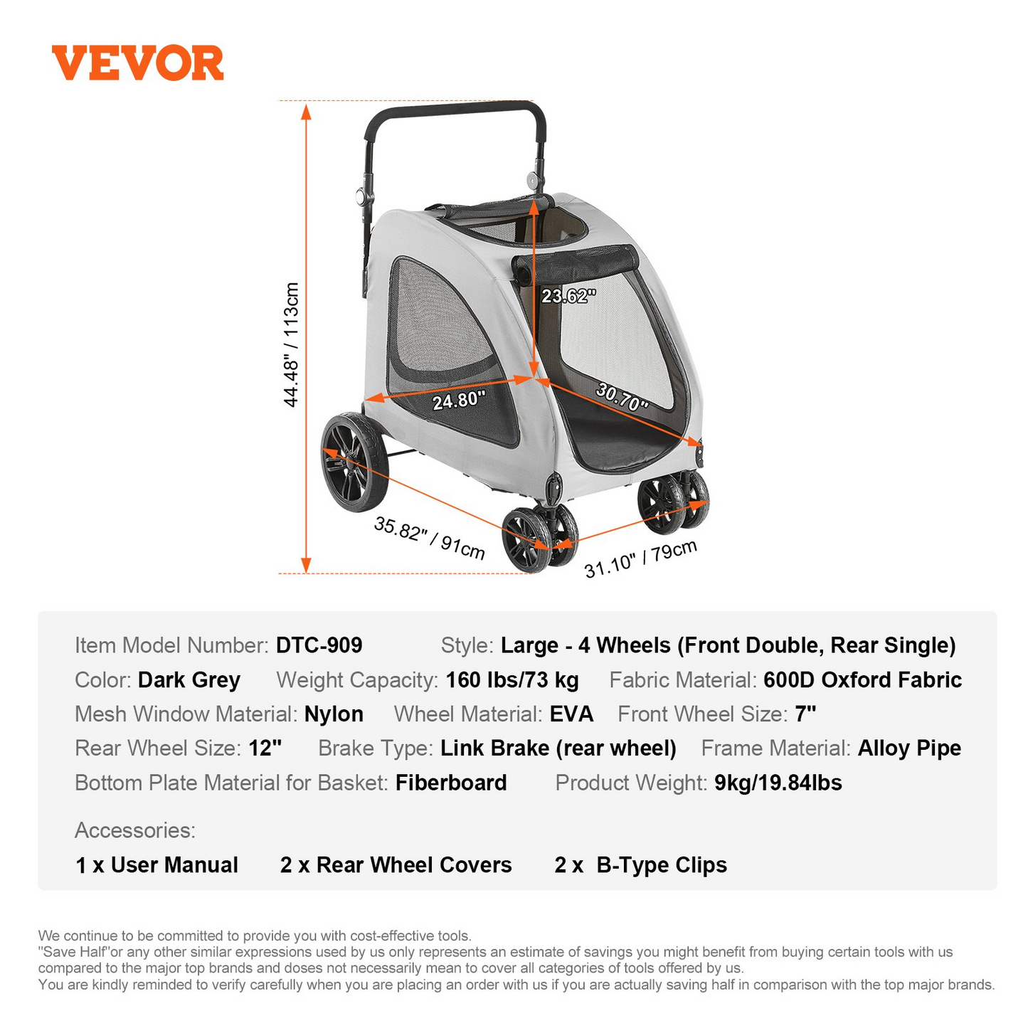 VEVOR 4-Wheel Dog Stroller, 160 lbs Capacity, Adjustable, Breathable Mesh, Dark Grey