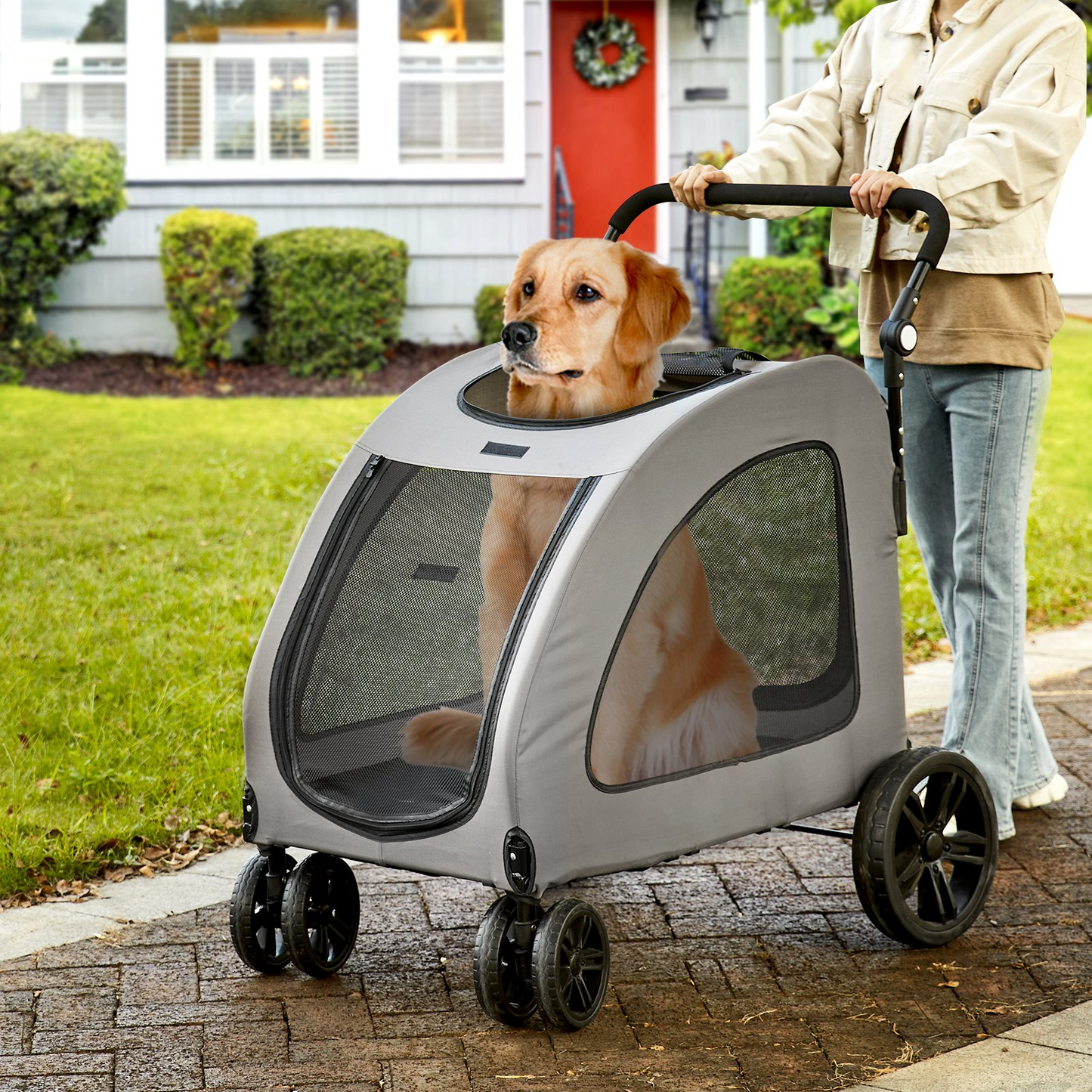 VEVOR 4-Wheel Dog Stroller, 160 lbs Capacity, Adjustable, Breathable Mesh, Dark Grey