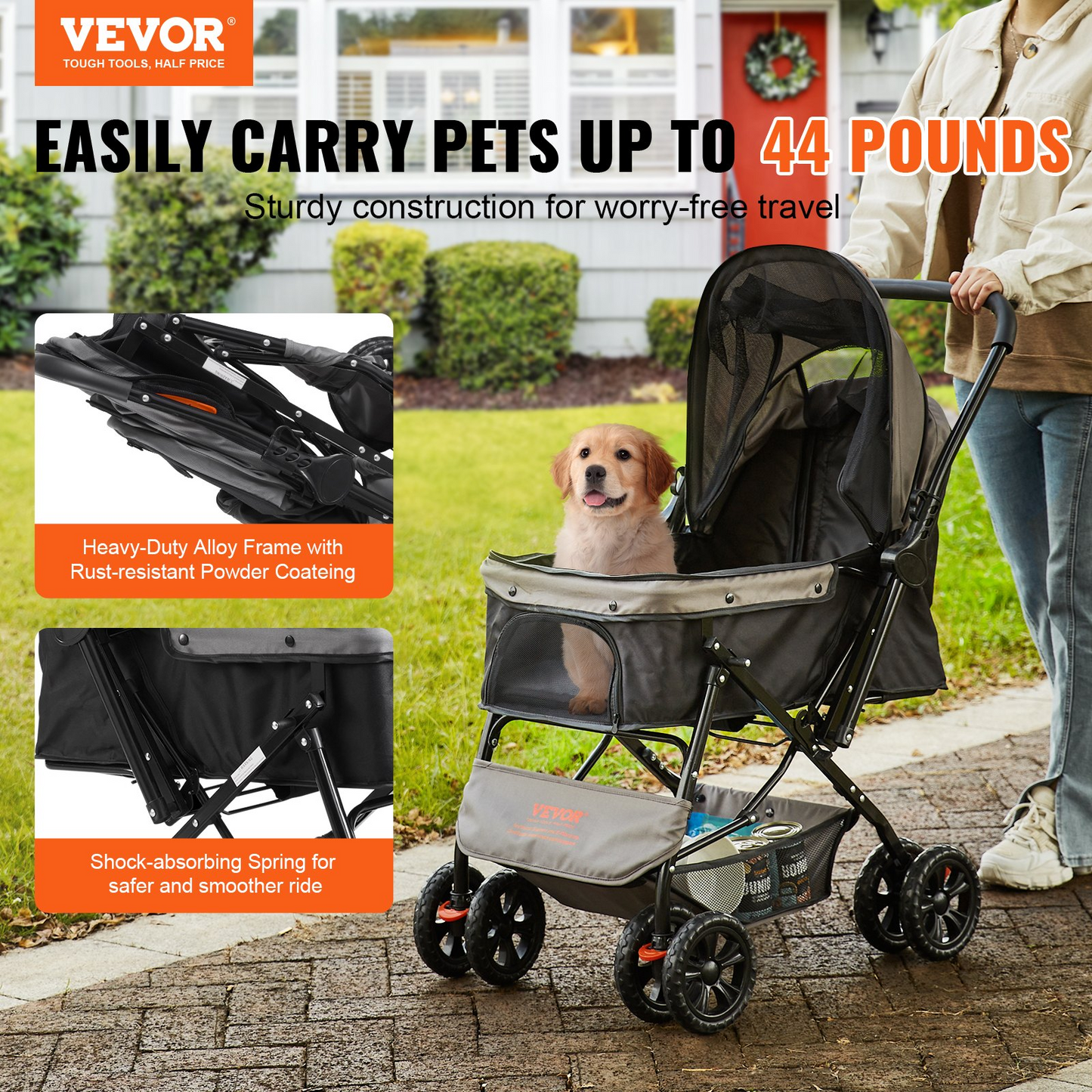 VEVOR 4-Wheel Pet Stroller, 44 lbs, Reversible Handlebar, Storage & Zipper, Black/Grey