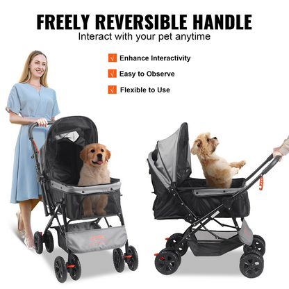 VEVOR 4-Wheel Pet Stroller, 44 lbs, Reversible Handlebar, Storage & Zipper, Black/Grey