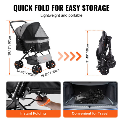 VEVOR 4-Wheel Pet Stroller, 44 lbs, Reversible Handlebar, Storage & Zipper, Black/Grey