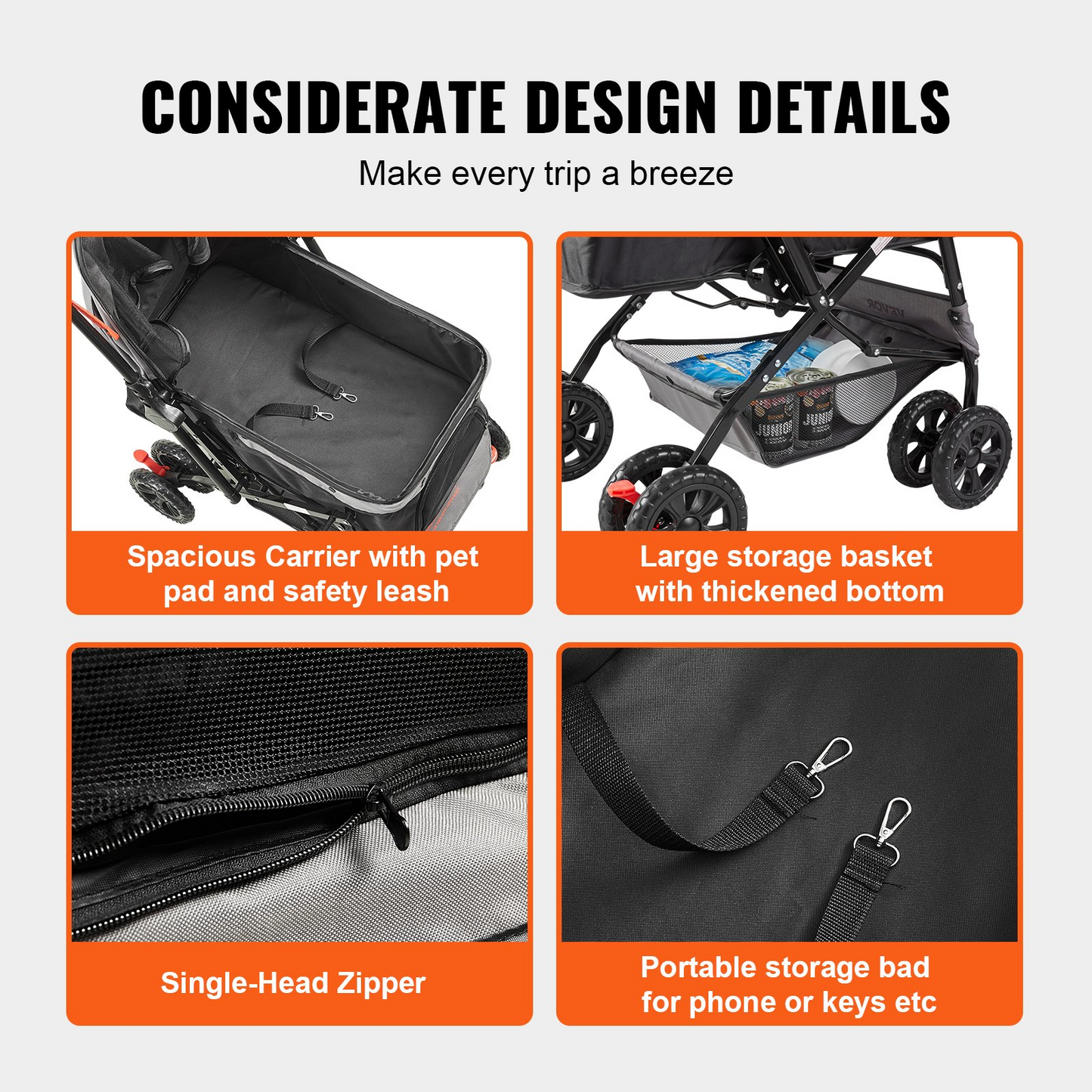 VEVOR 4-Wheel Pet Stroller, 44 lbs, Reversible Handlebar, Storage & Zipper, Black/Grey