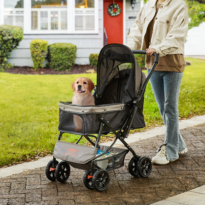 VEVOR 4-Wheel Pet Stroller, 44 lbs, Reversible Handlebar, Storage & Zipper, Black/Grey