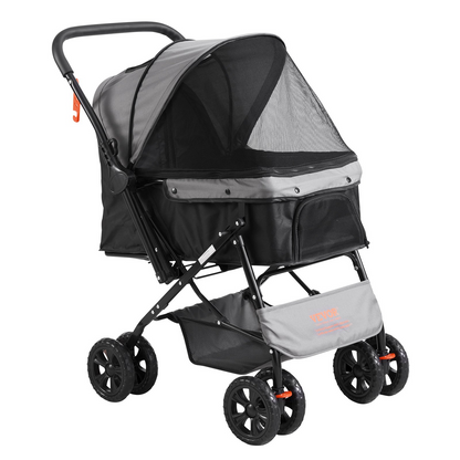 VEVOR 4-Wheel Pet Stroller, 44 lbs, Reversible Handlebar, Storage & Zipper, Black/Grey