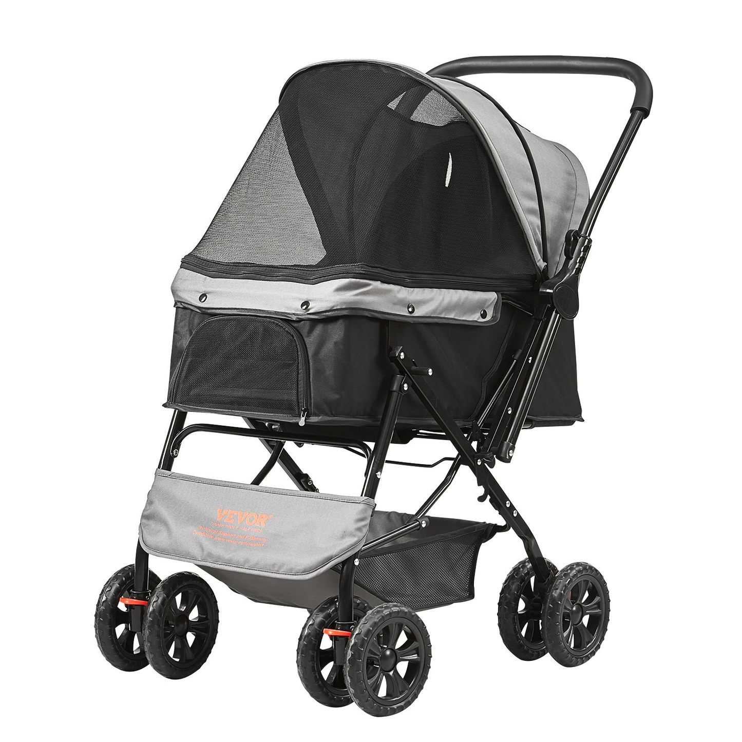 VEVOR 4-Wheel Pet Stroller, 44 lbs, Reversible Handlebar, Storage & Zipper, Black/Grey