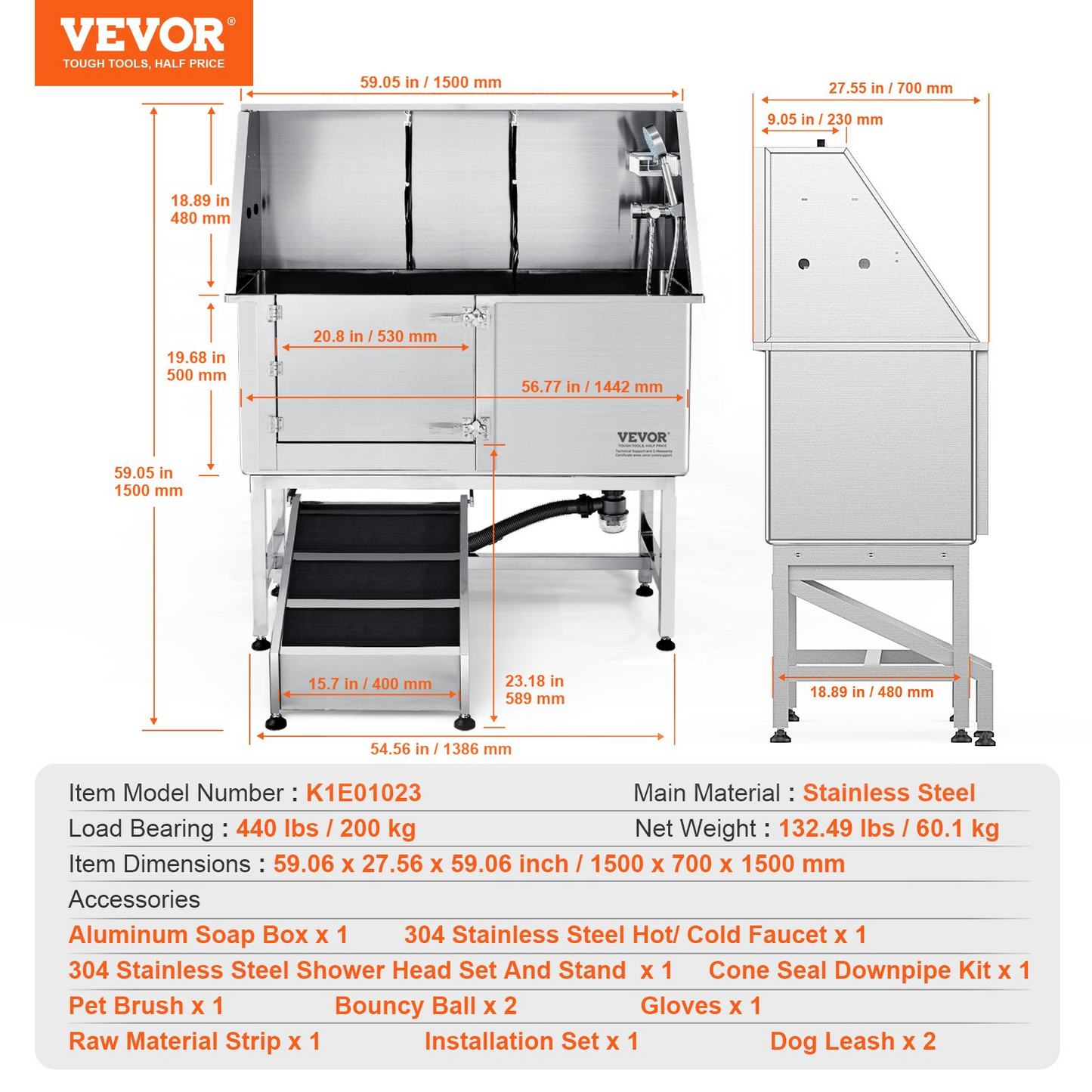 VEVOR 62" Stainless Steel Dog Grooming Tub with Ramp & Accessories (Left)