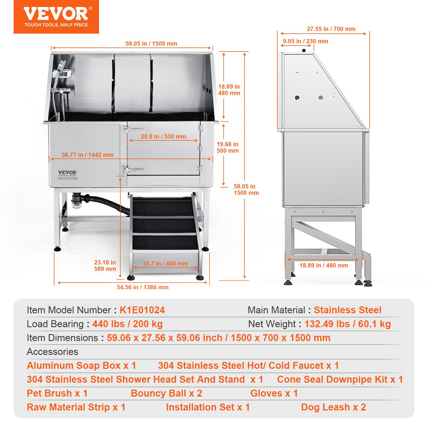 VEVOR 62" Stainless Steel Dog Grooming Tub with Ramp & Accessories