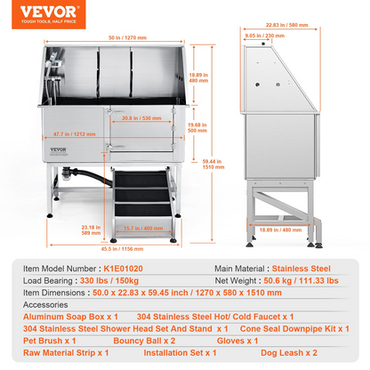 VEVOR 50" Dog Bathing Station, Stainless Tub with Ramp & Accessories, Right