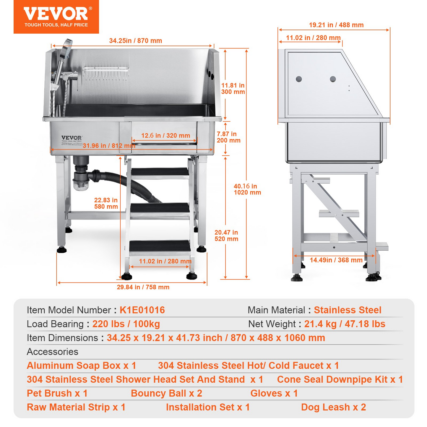 VEVOR 34" Dog Bathing Station, Stainless Tub with Ramp & Drawer, Right