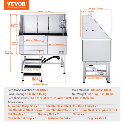 VEVOR 50" Dog Bathing Station, Stainless Tub with Stairs & Accessories, Left