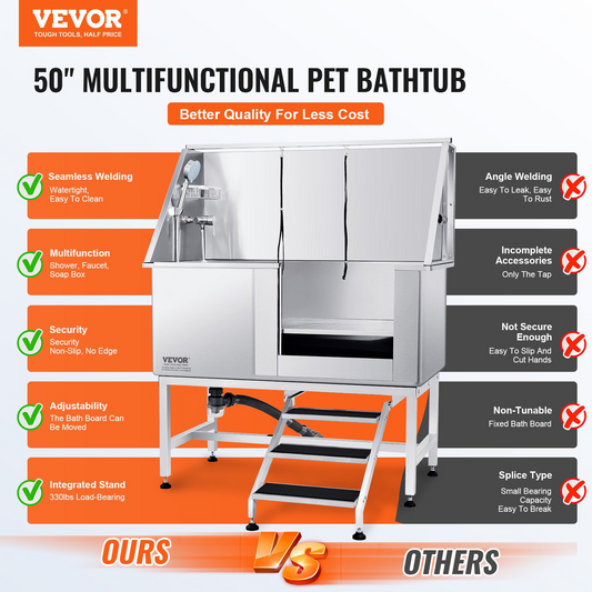 VEVOR 50" Dog Bathing Station, Stainless Steel Grooming Tub with Accessories