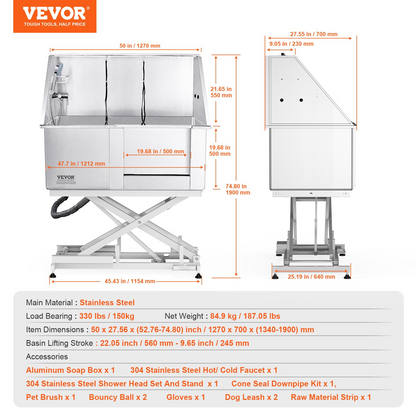 VEVOR 50" Electric Dog Bathing Station, Height Adjustable, Stainless Steel, Right