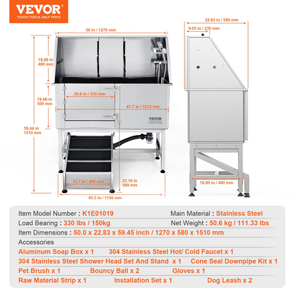 VEVOR 50" Dog Bathing Station, Stainless Steel Tub with Ramp and Accessories