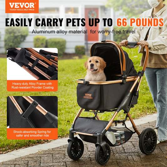 VEVOR 4-Wheel Pet Stroller, 66 lbs Capacity, Detachable Carrier, Black