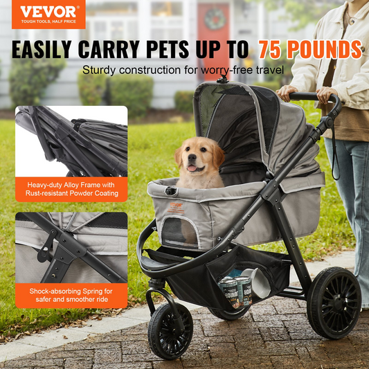 VEVOR 3-Wheel Pet Stroller, 75 lbs Capacity, with Brakes, Storage & Cup Holder, Grey