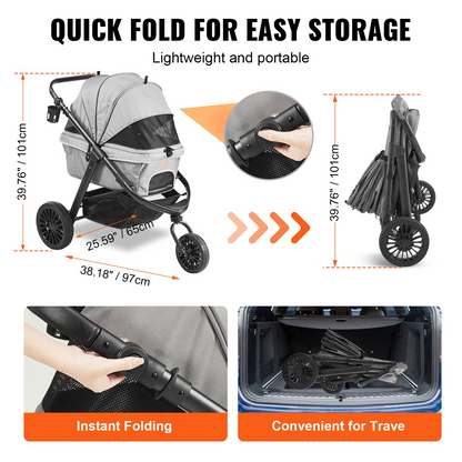 VEVOR 3-Wheel Pet Stroller, 75 lbs Capacity, with Brakes, Storage & Cup Holder, Grey