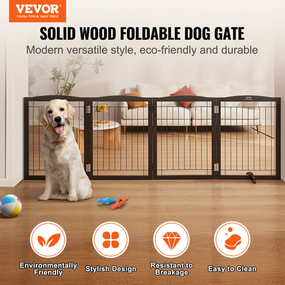 VEVOR 32" x 96.5" Free Standing Dog Gate, 4-Panel, Expandable, Brown