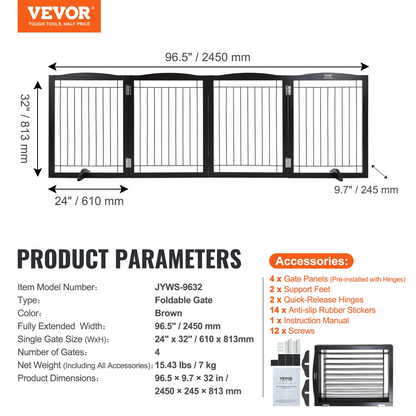 VEVOR 32" x 96.5" Free Standing Dog Gate, 4-Panel, Expandable, Brown