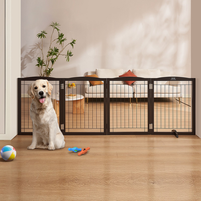 VEVOR 32" x 96.5" Free Standing Dog Gate, 4-Panel, Expandable, Brown