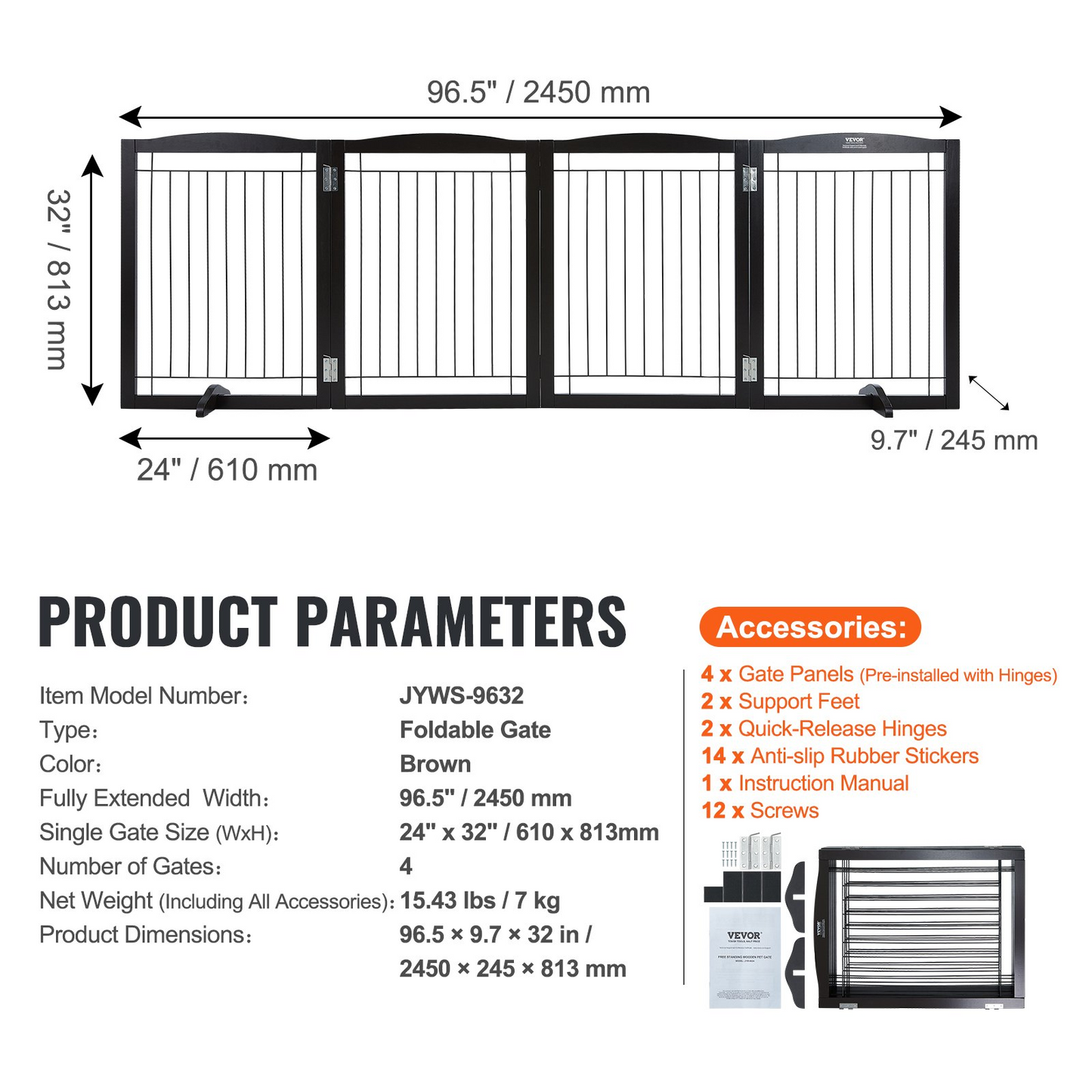 VEVOR 32" x 96.5" Free Standing Dog Gate, 4-Panel, Expandable, Brown