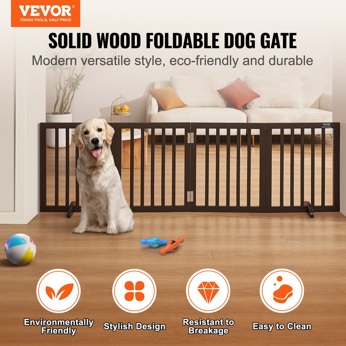 VEVOR 24"x80.3" Free Standing Dog Gate - 4-Panel, Brown